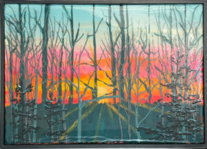abstract landscape painting of a sun through trees - super shiny