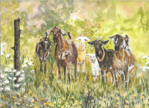 Painting of 6 multicolored goats and a pole on a yellow green background