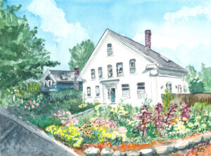 Watercolor painting of a white house with garden flowers and a blue house in the background under a blue sky