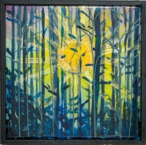 abstract landscape painting of a sun through trees - super shiny