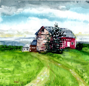 Watercolor painting of a red barn and small buildings on green grass under a cloudy sky.