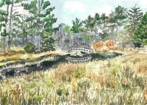 Watercolor painting of a stone arched bridge over a narrow dark waterway surrounded by trees and grasses.