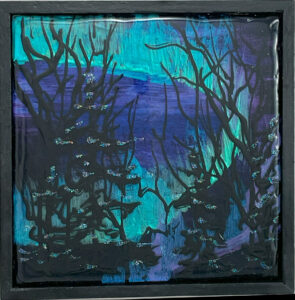 Abstract landscape of night sky with aurora colors in purple and turquoise. There are sillouette trees in front