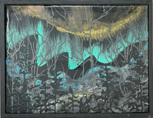 Abstract landscape of night sky with aurora colors in gold and turquoise. There are sillouette trees in front