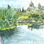 painting of water with tall grasses on the other shore is a person sitting on the rocks. Very manganese blue