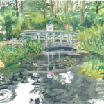 painting of water with tall grasses on the other shore is a person sitting on the rocks. Very manganese blue