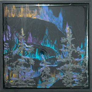 Abstract landscape of night sky with aurora colors. There are sillouette trees in front