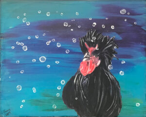 acrylic painting of a black crevecour rooster on a turquoise and purple background