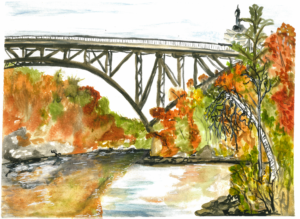 Watercolor painting of a metal bridge over a river with autumn trees and a blue sky.