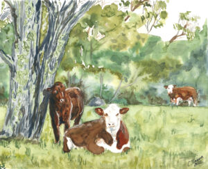 Painting of three cows in a field