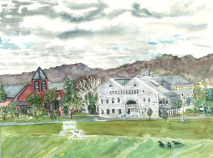 Watercolor painting of red bell tower and large grey building with arch, trees, field, birds, and hills.
