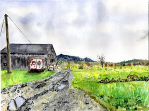 painting of a barn with rusty vehicles and a puddled driveway