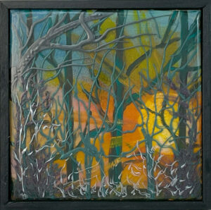 abstract landscape painting of a sun through trees - super shiny