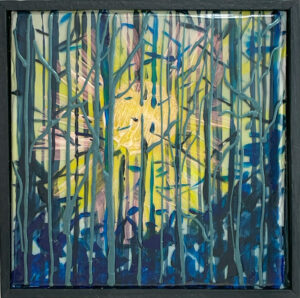 abstract landscape painting of a sun through trees - super shiny