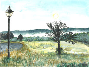 Watercolor of rural landscape with a street lamp, large tree, grassy field, hills, and sun.