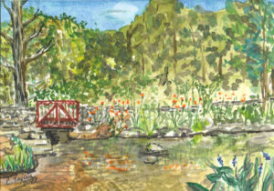 Watercolor scene with red wooden bridge over pond, orange and purple flowers, and lush green trees.
