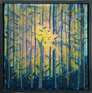 abstract landscape painting of a sun through trees - super shiny