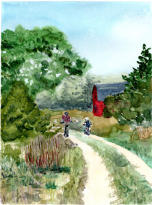Watercolor of two people cycling on a dirt path near greenery and a red barn under blue sky
