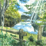 Painting of a pond with a fence in from the road