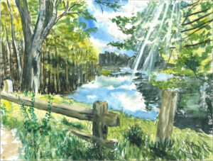 Painting of a pond with a fence in from the road