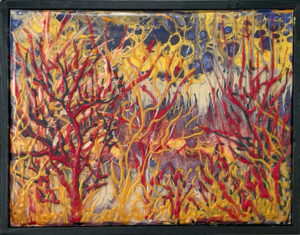 Abstract landscape with a cell structured background of blue and gold with red gold and black trees