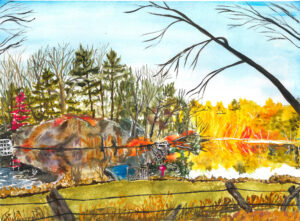 Watercolor of autumn landscape with river, colorful trees, bare branches, large rock, and grassy fence.