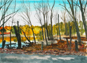 Watercolor painting of an autumn lakeside with bare trees, a chain fence, and clear blue sky.