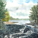 Painting of the Quabbin with a shodowy foreground