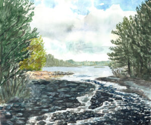 Painting of the Quabbin with a shodowy foreground