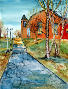 Watercolor painting of a pathway leading to a red brick building with trees and lamp posts.