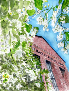 Watercolor painting of Hadley Public Library brick building partially covered by flowering greenery.