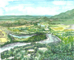 Watercolor painting of a winding river through green hills and trees under a partly cloudy sky