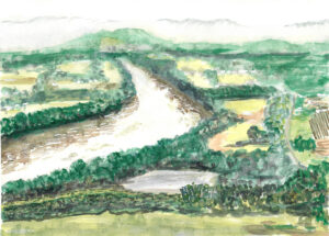 Watercolor painting of a river winding through green fields and trees with hills in the distance.