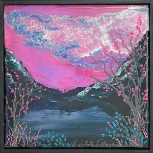 abstract landscape painting of pink sky with cloud, mountains and water. There are pink blossomed trees and other stylized fauna in the front.