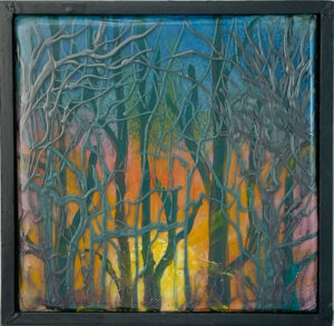 abstract landscape painting of a sun through trees - super shiny