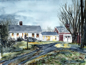 Watercolor of a white house and red barn with wreaths, bare trees, and a winding driveway at dusk.
