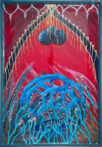 Blue and red painting of an arch, a nest shape and a Bucky ball with plant like fingers of paint coming up from both top and bottom