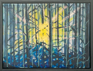 abstract landscape painting of a sun through trees - super shiny