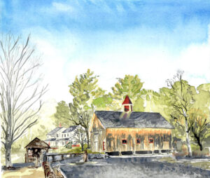 Watercolor painting of a wooden barn with a red cupola near trees and a white house.