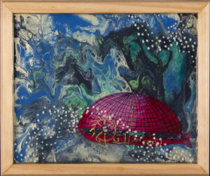 Acrylic painting with a blue green and white swirly back