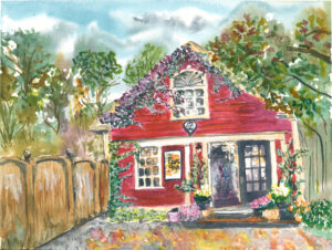 Watercolor painting of a red house with ivy, potted plants, wooden fence, and partly cloudy sky.