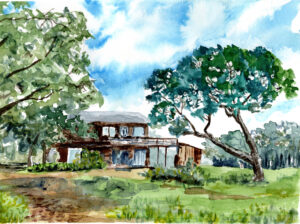 Watercolor painting of a two-story house with large windows surrounded by trees and grass.