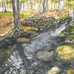 painting of a stream and forest in tawny colors