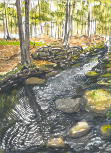 painting of a stream and forest in tawny colors