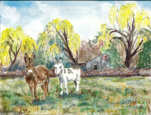 painting of two donkies in front of three willows and a barn