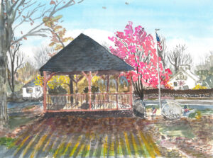 Watercolor of a wooden gazebo with a dark roof, surrounded by trees and flags in a park.