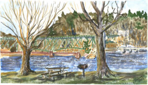 Watercolor of a riverside with two leafless trees, picnic table, grill, green bridge, and hills.