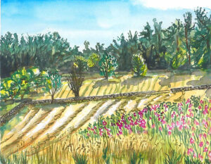 painting of a field with flowers in front