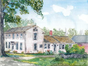 Watercolor painting of a two-story house with a tiled roof, garden, chairs, and an outbuilding.