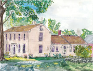 Watercolor painting of a two-story house with mossy roof, tall windows, green chairs, and surrounding trees.